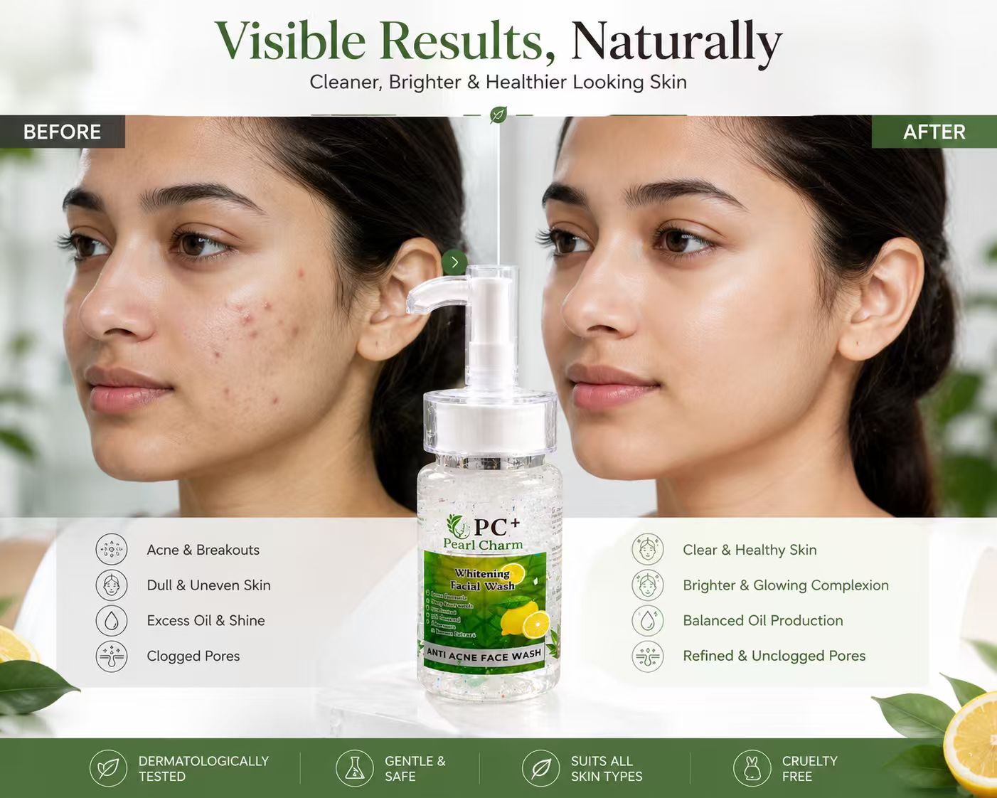 Pearl Charm Whitening Facial Wash – Anti Acne Formula with Aloe Vera & Lemon
