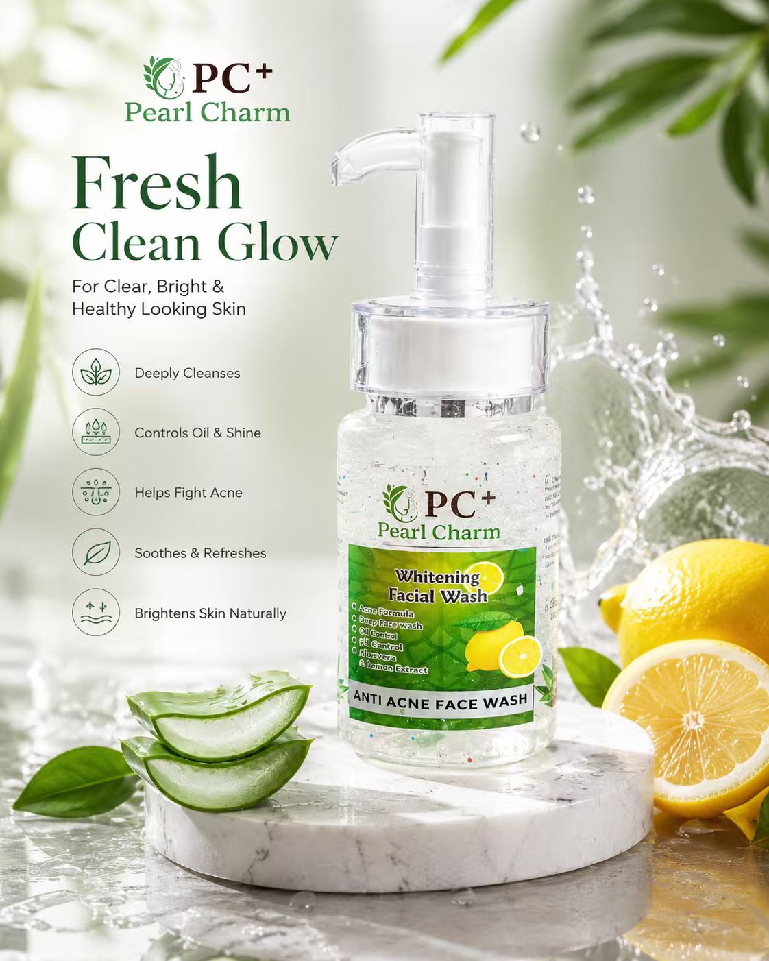 Pearl Charm Whitening Facial Wash – Anti Acne Formula with Aloe Vera & Lemon
